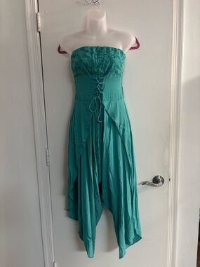 Strapless Teal Lace-Up Handkerchief Hem Pant Romper